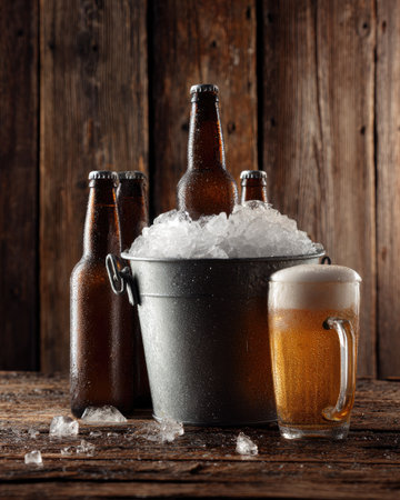An ice bucket holds multiple bottles of beer, surrounded by ice cubes. A full glass of beer sits on a wooden surface with a backdrop of rustic wooden planks. The lighting creates highlights and shadows, accentuating the amber hues of the beer. This image is suitable for various commercial purposes.の素材