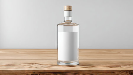 A transparent glass bottle, featuring a blank label, is displayed on a textured wooden surface. The bottle has a light-colored wooden stopper and a simple, elegant design. The background is a clean white, and the lighting highlights the object's form. Suitable for product presentations or advertising campaigns.の素材