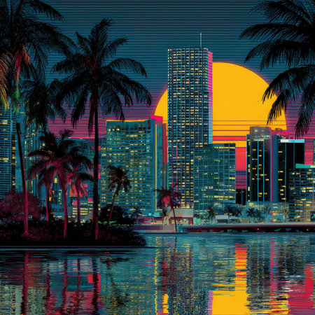 An illustration depicts a city skyline with tall buildings silhouetted against a setting sun. Palm trees are in the foreground, and the water reflects the city lights. The scene is lit with warm colors and a nighttime ambiance. Suitable for graphic design, website backgrounds, or print media.の素材