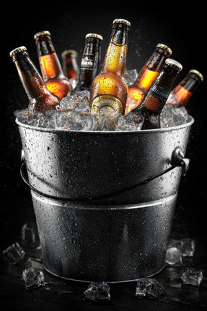 An image showcases several bottles of a beverage chilling in a metal ice bucket, surrounded by ice. The composition is set against a dark backdrop, emphasizing the coolness of the drink. This photograph uses overhead lighting, highlighting the cold surface, and can be used for commercial projects and editorial content.の素材