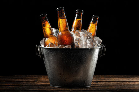 Four brown beer bottles are displayed in an ice-filled metal bucket. The composition features overhead lighting against a dark background, highlighting the golden hues of the beer. The cool, refreshing imagery is suitable for beverage-related promotions and editorial use.の素材