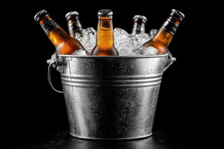 An overhead shot showcases multiple beer bottles submerged in ice cubes within a metallic bucket. The bottles display amber liquid and dark labels, contrasting with the bright ice. The composition is simple, set against a dark backdrop, potentially appropriate for advertising, product promotions, or editorial use.の素材