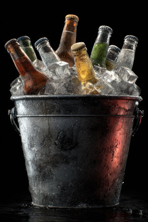 An ice bucket holds various bottles submerged in ice. The bottles have different colors. The arrangement suggests a refreshing selection of beverages. The scene is illuminated by subtle lighting, set against a dark backdrop. The image is suitable for commercial uses, such as illustrating drink promotions.の素材