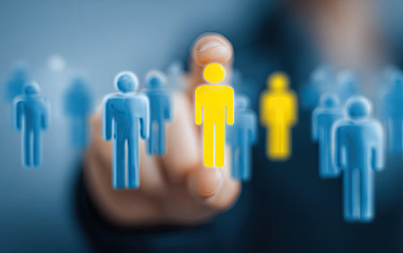 A close-up image showing a human hand pointing at a yellow figure among blue figures. The figures are stylized and rendered with a shallow depth of field, with soft focus on the background. This visual creates a metaphor, potentially for selection, recruitment, or leadership concepts suitable for various commercial or educational contexts.の素材