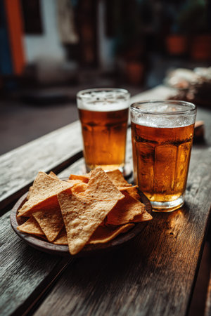Two glasses of amber liquid sit next to a plate of tortilla chips. The image features a shallow depth of field, with a focus on the snacks. The composition uses natural light and a slightly rustic style suggesting an outdoor setting. This image could be used for advertising food or beverages.の素材