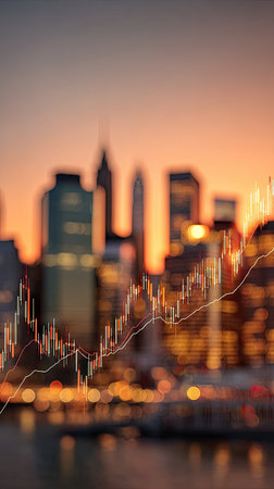 A blurred cityscape is bathed in warm sunset hues. Skyscrapers create a vertical composition against an orange and golden sky. A financial chart graphic overlays the buildings. This image could be used for articles, reports, or advertising related to finance and urban landscapes.の素材