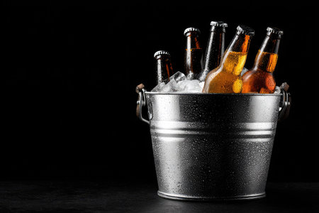 A metal bucket filled with ice cradles several glass bottles containing amber liquid. The bottles vary in hue from light gold to darker brown. The image presents a studio-style setting with high-contrast lighting emphasizing the cool textures against a black backdrop. Potential applications include promotional materials and editorial content.の素材