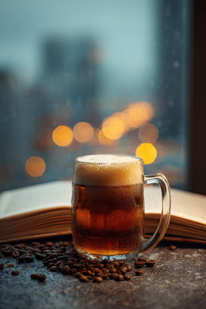 A close-up captures a mug filled with amber liquid, placed on a surface scattered with coffee beans. The scene includes an open book and blurred lights in the background. The warm tones of the beverage contrast with the cool colors of the blurred exterior. This image can be used for various commercial or editorial applications.の素材