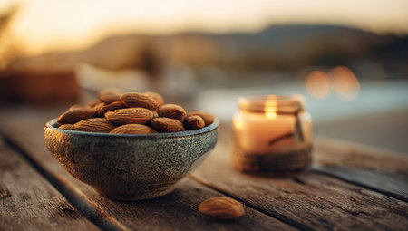 A close-up shot presents a bowl overflowing with almonds next to a glowing candle. The scene features a wooden table with visible textures, bathed in warm, diffused light. The soft-focus background hints at an outdoor setting. Suitable for various uses, this image has an inviting atmosphere.の素材