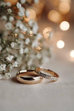 Two golden rings rest on a textured surface, possibly a table, with soft-focus bokeh lights in the background. Delicate white floral arrangements add an organic element. The lighting is soft, creating a warm ambiance. This image is suitable for use in promotional materials or editorial content.の素材