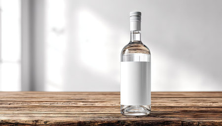 A transparent glass bottle, featuring a blank label, is displayed on a weathered wooden surface. The composition showcases natural light and shadows, enhancing the bottle's clarity. The image suggests potential uses for product promotion or advertising. The background is a soft, out-of-focus white.の素材