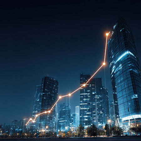 A nighttime cityscape features illuminated skyscrapers with a digital line chart overlaid. The scene showcases modern architecture under a deep blue sky. The visual suggests concepts of finance, technology, and economic advancement. It could be used for articles, presentations, or various media to represent market trends.の素材