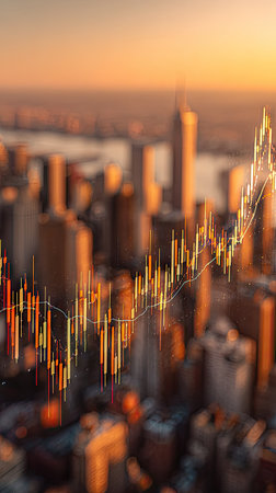 An urban cityscape is overlaid with a financial chart, set against a warm, orange-toned sunset. The focus is on the rising trend of the chart. The blurred background features numerous buildings. The imageの素材