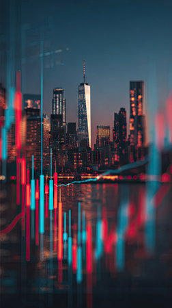 A nighttime cityscape is overlaid with financial data visualizations, featuring vibrant red and blue graphs. Buildings are illuminated with lights against a dark sky, and the composition suggests a modern urban environment. The image is suitable for various commercial uses related to finance, technology, or business.の素材