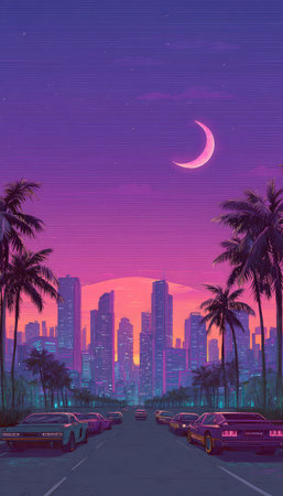 An illustrated cityscape at night showcases buildings and palm trees silhouetted against a gradient sky. The scene is bathed in shades of purple and pink, with a crescent moon. This image could be suitable for digital art, design projects, or potentially for use in advertising.の素材