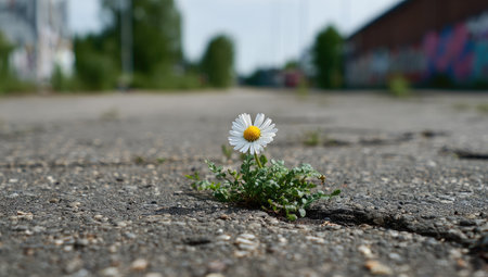 A single daisy flower grows from a crack in an old asphalt road. The image displays a close-up, emphasizing the flower's white petals and yellow center. The composition uses a low-angle shot with blurred backgrounds, creating depth. This scene may be used for various projects representing resilience and natural beauty.の素材