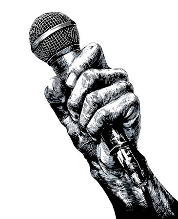 A detailed vector illustration displays a hand tightly grasping a microphone. The image utilizes stark black and white contrasts, emphasizing textures and forms. It suggests a performance setting, possibly related to music, broadcasting, or public speaking. This image could be used for various design projects.の素材