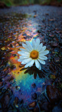 A single white daisy rests on a surface reflecting a vibrant rainbow. The image displays a close-up perspective, emphasizing the flower's details against a colorful, textured background. The scene suggests a natural environment and could be used for various projects, including editorial or commercial designs.の素材