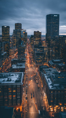 An elevated perspective captures a city skyline at dusk. Buildings, varying in height, are lit by interior and street lights, with a roadway extending into the distance. The image displays a cool color palette and a vertical composition. Suitable for commercial use related to urban development or architectural concepts.の素材