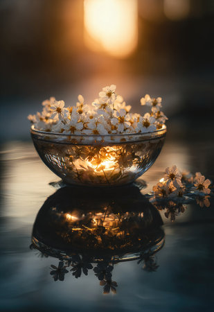 A glass bowl containing small, white flowers is positioned in front of a blurred background, suggesting a natural setting. The composition uses overhead lighting and exhibits a soft-focus style, creating a dreamlike quality. The image could be suitable for various design, decorative, or artistic purposes.の素材