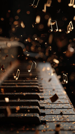 This image showcases a piano keyboard with musical notes and glitter particles floating around it. The scene features a close-up perspective with a shallow depth of field, emphasizing the keys. The lighting creates a warm atmosphere. Suitable for use in projects about music, arts, and creative content.の素材