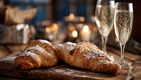 Two croissants dusted with powdered sugar and champagne glasses are the main subjects in this composition. Warm colors and soft lighting dominate the scene, suggesting an indoor setting. This image could be suitable for use in promotional materials or editorial content related to dining or celebrations.の素材