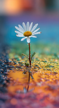 A close-up captures a daisy with white petals and a yellow center, extending from a slender stem. The flower is set against a blurred background with vibrant colors, reflecting in a water surface. The composition uses shallow depth of field, suitable for various editorial and commercial applications.の素材