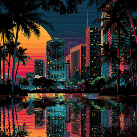 A digital illustration shows a cityscape under a vivid sunset. Tall buildings and palm trees are silhouetted against an orange and purple sky. The scene is reflected in the water, creating a mirrored effect. This artwork could be used for various commercial or editorial purposes.の素材