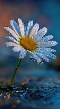 A close-up captures a daisy, showcasing its white petals and yellow center, glistening with water droplets. The soft focus background has hues of blue and brown, creating a tranquil atmosphere. The image uses natural light, and may be suitable for botanical illustrations, or various design applications.の素材
