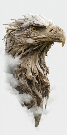 This image presents a detailed close-up of an eagle head, showcasing intricately textured feathers and a strong beak. The artwork incorporates cloud-like elements, creating a sense of depth and ethereal atmosphere. It might be suited for projects related to wildlife, nature, or concepts such as freedom and power. This image could be used for editorial or commercial purposes.の素材