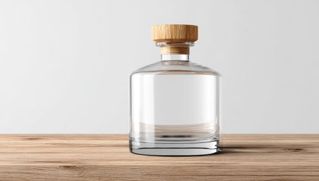 A transparent glass bottle with a wooden cork sits on a textured wooden surface. The composition is simple, with a neutral background enhancing the object's clarity. The lighting suggests a studio environment. This image could be used for product presentations, packaging design, or conceptual visuals.の素材