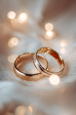 Two golden rings rest on a soft, white textile, illuminated by warm, blurred lights. The composition emphasizes the rings' details and reflective surfaces. The lighting creates a gentle, dreamy atmosphere suggesting an indoor setting. Suitable for various uses, including romantic themes, announcements, or symbolic representations.の素材