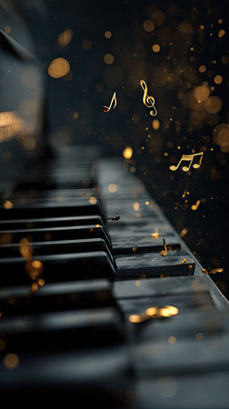 A close-up shot captures a piano keyboard, highlighting its keys. Golden musical notes and bokeh dots float around, creating an artistic atmosphere. The image uses a dark background and selective focus, emphasizing the musical theme. It could be used for advertising or editorial content about music.の素材