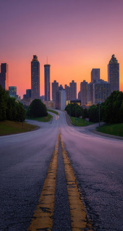 An asphalt road directs the eye toward a city skyline silhouetted against a colorful sunset. The sky transitions from orange to purple hues, contrasting the dark outlines of tall buildings. The composition uses leading lines and symmetry, with a focus on depth and perspective. The image is suitable for various commercial or editorial applications.の素材
