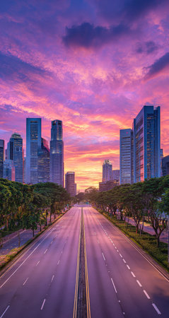 A cityscape is presented with high-rise buildings set against a colorful sunset. The image displays a symmetrical composition with a road leading towards the skyline. The sky features a gradient of purple, orange, and blue. This could be used for various commercial projects and editorial needs.の素材