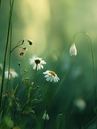 This image showcases white daisies flourishing amidst vibrant green grass, captured with a shallow depth of field. The composition highlights the delicate petals and contrasting textures under natural lighting. It's suitable for various applications, including editorial content, nature-themed articles, and design projects.の素材