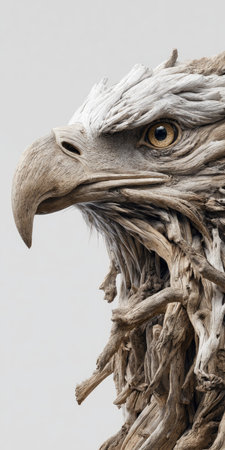 This image presents a side profile of an eagle, meticulously constructed from various wood pieces. The sculpture showcases a range of natural colors and textures, creating a detailed and realistic depiction. The neutral background emphasizes the intricate craftsmanship, suitable for diverse commercial applications.の素材