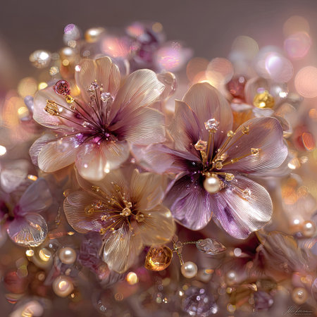 This image presents a close-up of delicate flowers with soft, pastel colors. The composition features a rich display of petals, adorned with sparkling elements. The lighting creates a sense of warmth and radiance. It is suitable for various design projects, including decorative, artistic, and celebratory themes.の素材