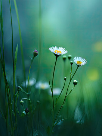 This image showcases several white daisies with yellow centers and slender stems, set against a soft, blurred green background. The composition employs a shallow depth of field, highlighting the flowers and their textures. The lighting is soft and diffused, creating a serene mood, ideal for editorial and commercial use.の素材
