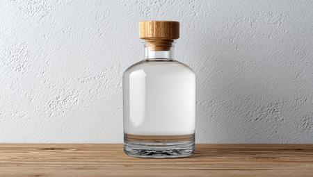 A transparent glass bottle with a wooden cap sits on a wooden surface in this image. The bottle's clear body contrasts with the natural wood tones and the textured white background. The composition features clean lines and balanced lighting, suitable for product presentations and various commercial applications.の素材