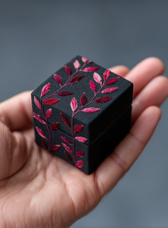 A hand cradles a small, black box adorned with embroidered red leaves. The box, with a textured surface, sits against a blurred gray background. The composition features soft lighting, highlighting the box's intricate details. This image could be used for various commercial or editorial applications.の素材