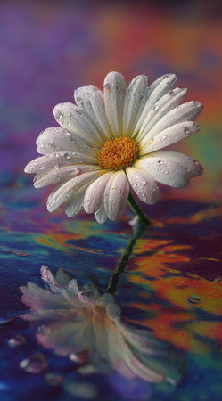 This image features a single daisy flower in full bloom, capturing its delicate petals and vibrant yellow center. Water droplets cling to the petals, adding a fresh and clean feel. The composition includes a reflection, suggesting a water surface, with a colorful background. This image is suitable for various editorial and commercial applications.の素材
