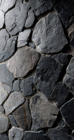 This image showcases a wall composed of various irregularly shaped stones in shades of gray and black. The close-up perspective highlights the rugged textures and natural variations within the rock formations. The lighting suggests an indoor setting, and the image could be suitable for architectural, decorative, or design-related projects.の素材