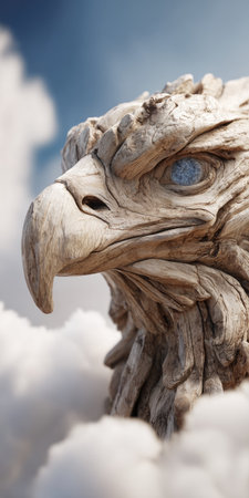 An artistic rendering of an eagle's head is depicted amidst fluffy white clouds against a bright blue sky. The sculpture showcases detailed textures and a neutral color palette. This image is suitable for various commercial uses, including artistic illustrations and conceptual designs, offering a sense of grandeur and freedom.の素材