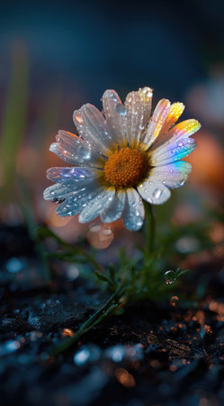 This image showcases a delicate daisy flower, its petals adorned with sparkling water droplets. The composition features a shallow depth of field, with a softly blurred background. The vibrant colors and textures create a visually appealing scene, suitable for various commercial applications. It evokes a sense of freshness and natural beauty.の素材