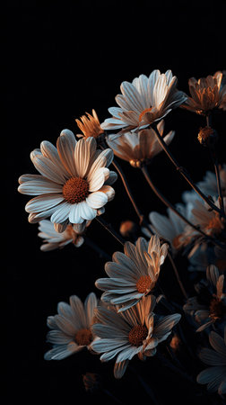 This image presents a cluster of delicate white flowers with yellow centers, set against a stark black backdrop. The composition highlights the flowers' textures and shapes with dramatic lighting. Suitable for use in various visual projects, this image could serve well in editorial or commercial applications.の素材