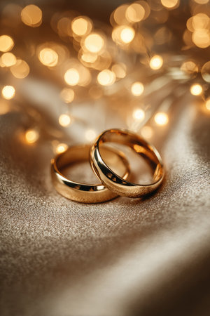 Two golden wedding rings rest on a textured fabric. The image features a shallow depth of field, with soft focus bokeh lights in the background, suggesting a festive or celebratory atmosphere. The rings are the focal point, with a warm color palette. This photograph could be utilized for various commercial and editorial projects.の素材