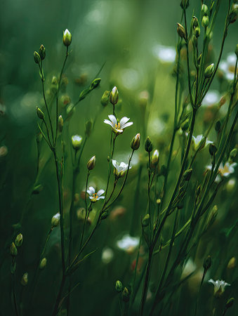 A close-up captures tiny white flowers with visible pistils and stamens. Thin green stems rise against a soft, unfocused backdrop. The image utilizes natural lighting, emphasizing the details. Suitable for illustrating nature, beauty, or botanical themes in various commercial and editorial applications.の素材