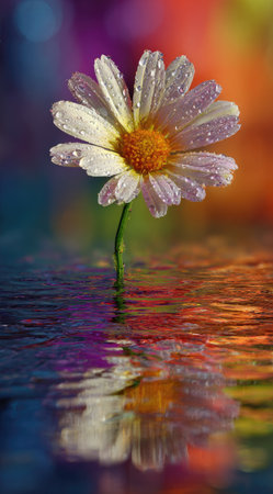 A single daisy with white petals and a yellow center is depicted emerging from water. The image features a colorful, blurred background. The composition suggests a serene setting, likely outdoors, with sunlight illuminating the flower. This photograph is suitable for various commercial uses, including artistic designs and nature-themed projects.の素材