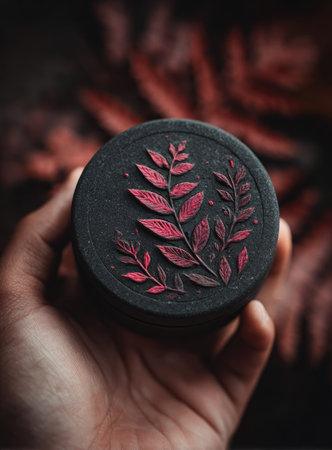 A hand cradles a dark, round object adorned with a striking floral motif in shades of red. The image features a shallow depth of field, with the object in sharp focus against a blurred background. The color palette incorporates deep reds and blacks, evoking a moody ambiance that could be suitable for various commercial uses.の素材